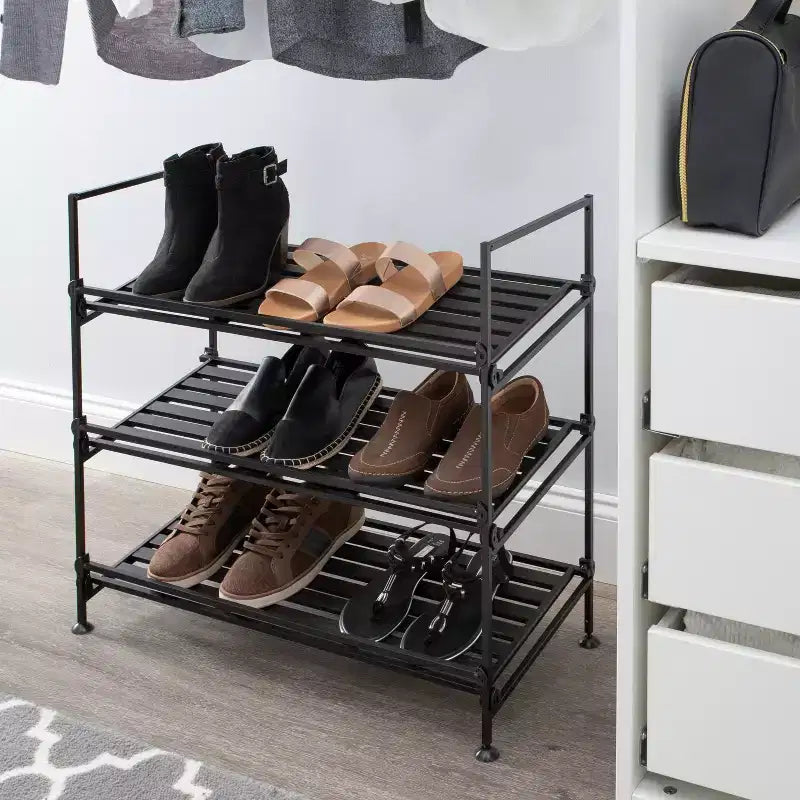 Zapatero de 3 niveles, marco de metal, organizador de zapatos independiente, capacidad para 9 pares, negro