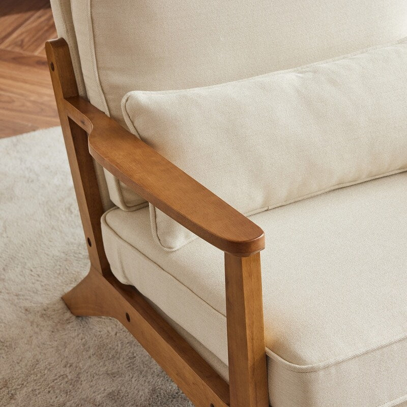 Gepolsterter Akzentstuhl aus Leinenmischgewebe mit Holzbeinen und einem Kissen, Beige