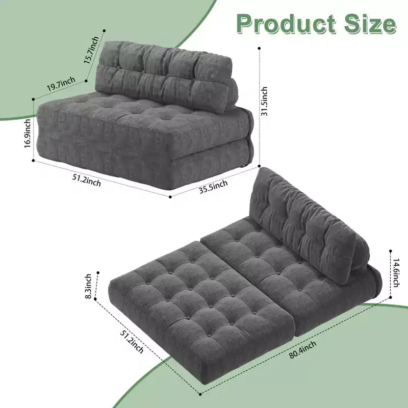 Klappbares Schlafsofa-Futon aus Cord in voller Größe, umwandelbarer Bodenschlafsessel mit Kissen und Rückenstütze