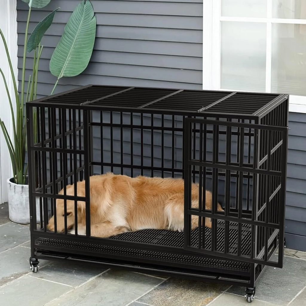 BOSSIN Wytrzymała, niezniszczalna klatka dla psa 48/38 inch, odporna na ucieczkę, z kółkami z blokadą