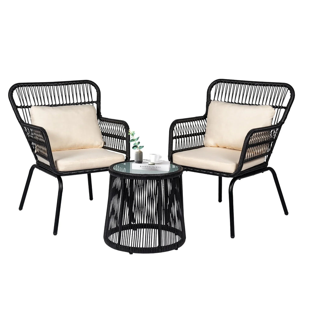 3-delige bistroset van tuinmeubelen van riet, weerbestendige rotanset met tuinstoelen en kussens