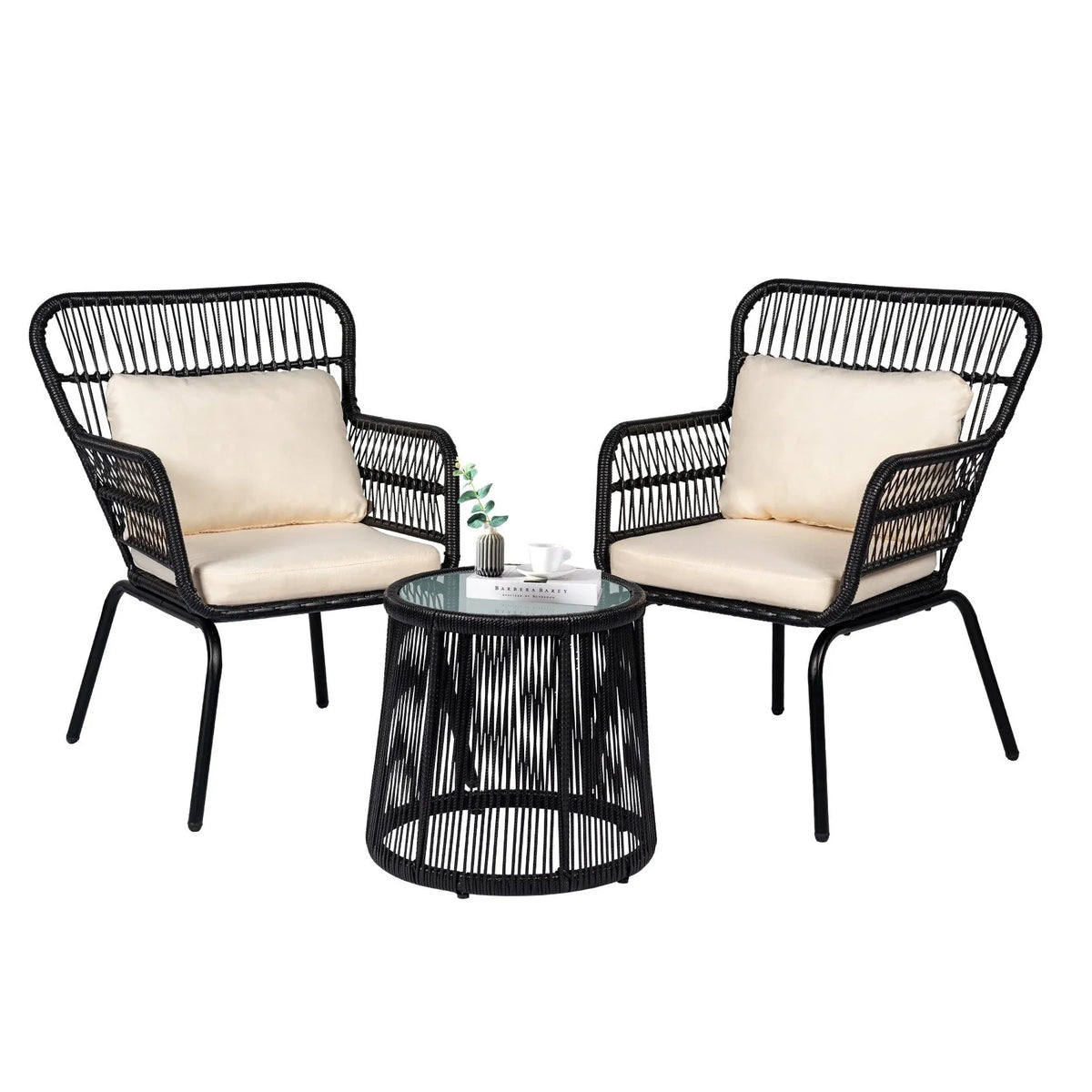 3-delige bistroset van tuinmeubelen van riet, weerbestendige rotanset met tuinstoelen en kussens