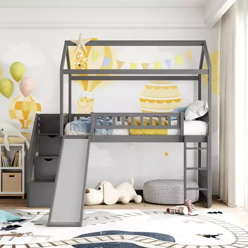 Hochbett in Hausform für Einzelbetten mit Rutsche und Treppe, Hochbett mit Schubladen, Holzhütten-Hochbett für Kinder und Kleinkinder