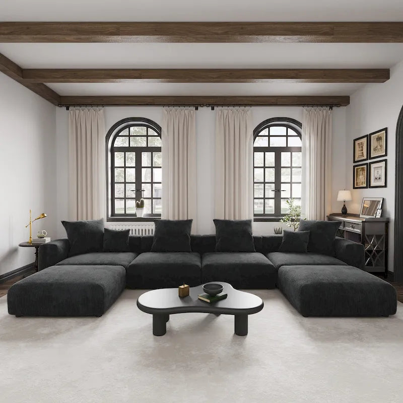 Großes modulares U-förmiges Ecksofa aus Cord mit 4 Sitzplätzen, 2 Hockern und 5 Kissen
