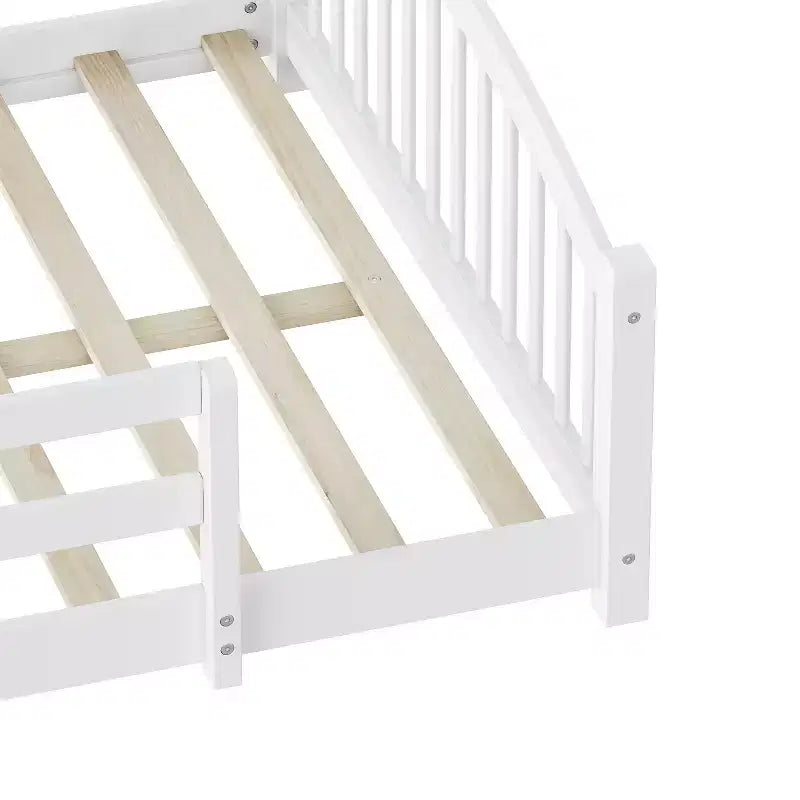 Lit Montessori bas Luxystar, taille grand lit, avec barrières de sécurité et tête de lit