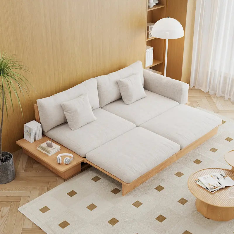 Nowoczesna sofa JASIWAY z litego drewna, tapicerowana bawełnianą tkaniną lnianą