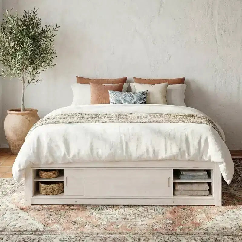 Cadre de lit plateforme grand lit Whisen avec 4 tiroirs de rangement et rangement dans le pied de lit