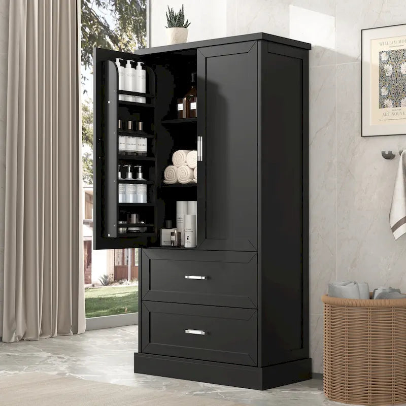 Armoire de rangement haute pour salle de bains avec deux portes et tiroirs, étagère réglable, panneau MDF
