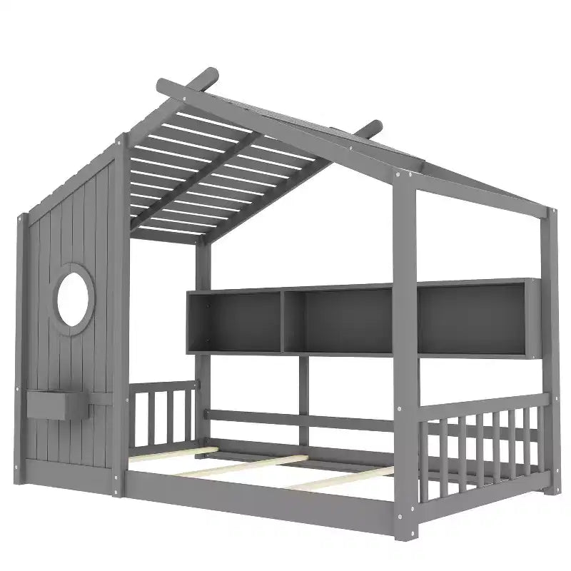 Łóżko domek z ramą platformową w rozmiarze Twin/Full, łóżko podłogowe dla malucha, łóżko dziecięce Montessori, łóżko domek do zabawy z półką do przechowywania - ModernLuxe