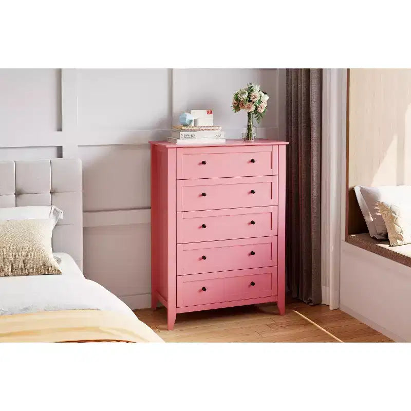 Kommode mit 5 Schubladen, 42.5 Zoll hoch, für das Schlafzimmer, Holzschrank mit 11.9 Zoll tiefen Schubladen und goldenen Metallgriffen, ideal für Eingangsbereich oder Flur