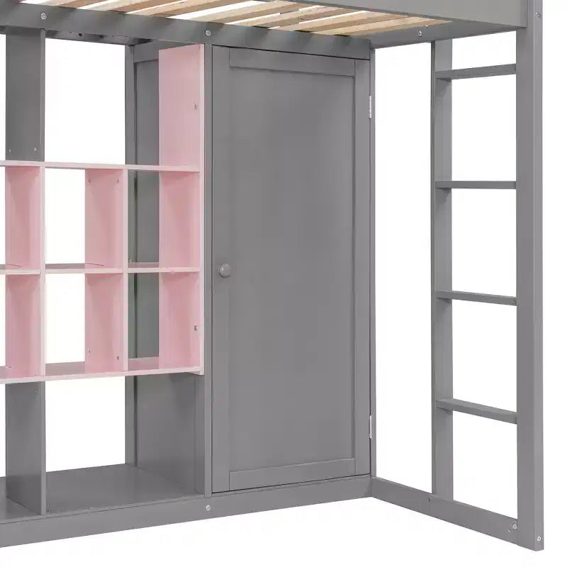 Lit mezzanine pour enfants avec armoire et étagères, cadre de lit mezzanine en bois avec meuble de rangement pour enfants et adolescents
