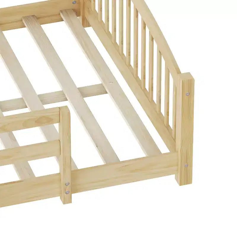 Lit Montessori bas Luxystar, taille grand lit, avec barrières de sécurité et tête de lit