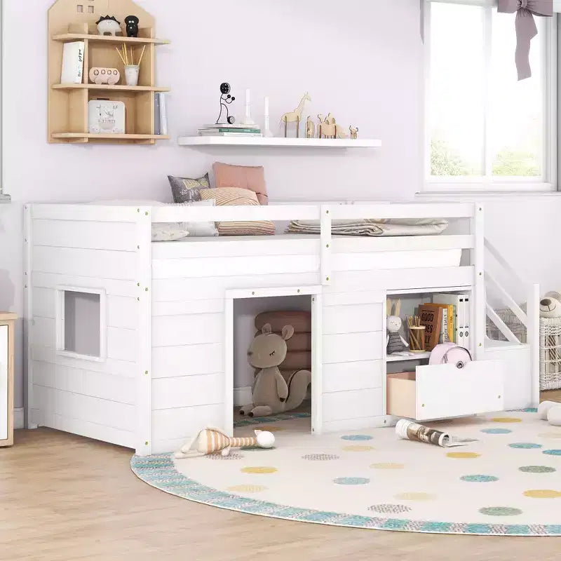 Łóżko typu low loft z litego drewna, rozmiar Twin, 94.6L x 42.3W, ze schodkami, szufladą i półką, nowoczesny i prosty design