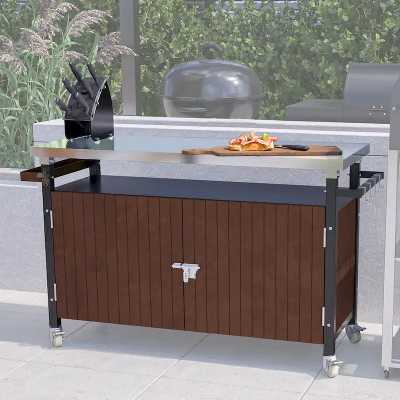 Buitengrillwagen met roestvrijstalen tafelblad (kruk niet inbegrepen)