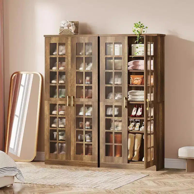 Meuble à chaussures haut Lantine avec portes, meuble de rangement à chaussures à 8 niveaux avec étagères réglables, meuble à chaussures moderne pour entrée, placard et salon, blanc