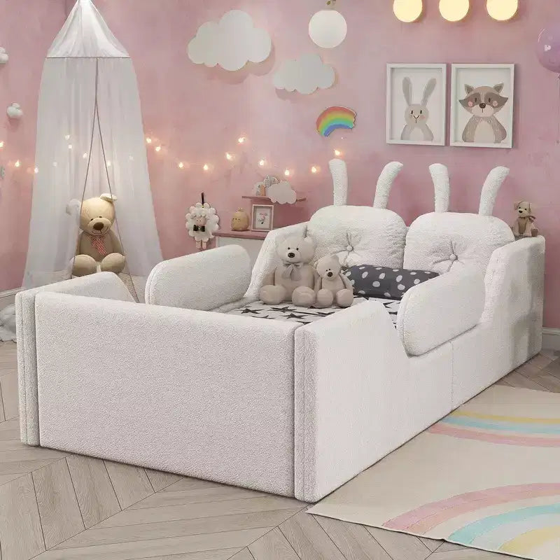Whisen-Einzelbett mit Plattform, gepolstertes Kinder-Bodenbettgestell mit Hasenkissen und abnehmbaren Seitengittern