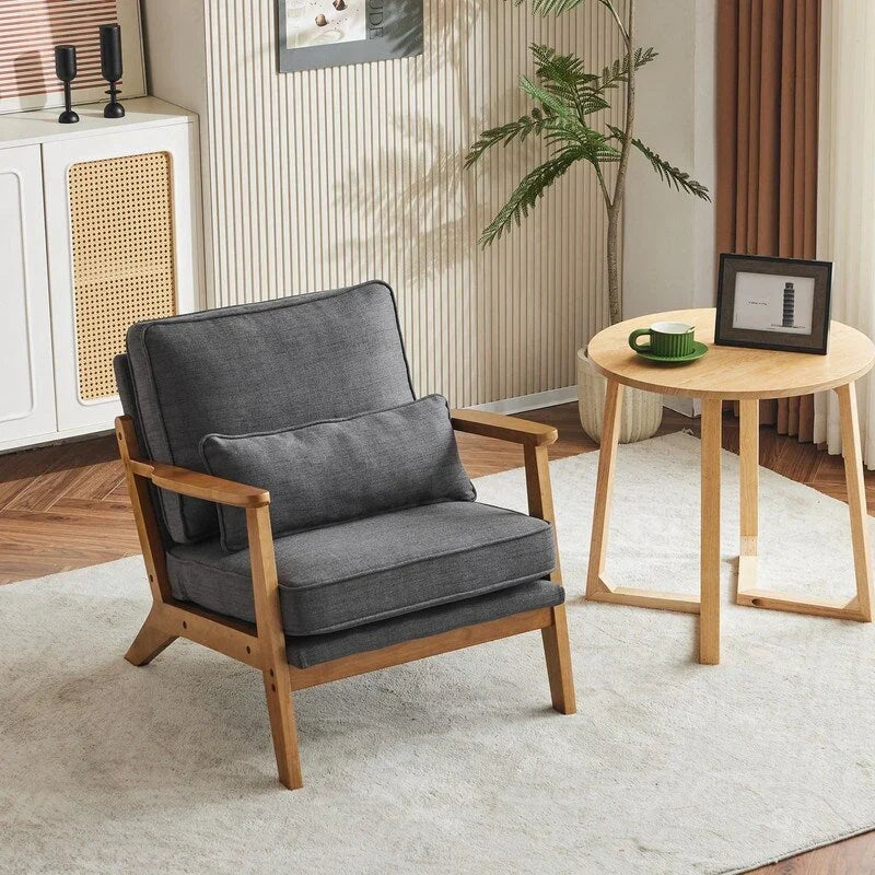 Gepolsterter Akzentstuhl aus Leinenmischgewebe mit Holzbeinen und einem Kissen, Beige