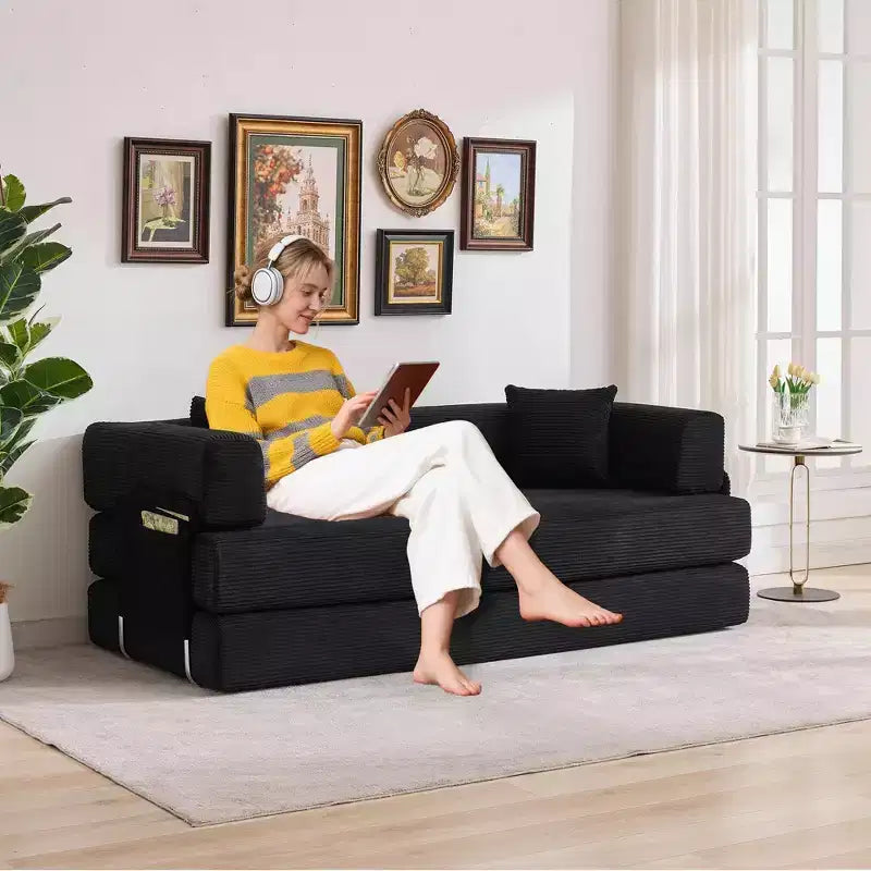 Canapé-lit, matelas pliant 5 en 1 de 78.8, canapé ou causeuse, cadre en acier à forme fixe, velours côtelé avec oreillers
