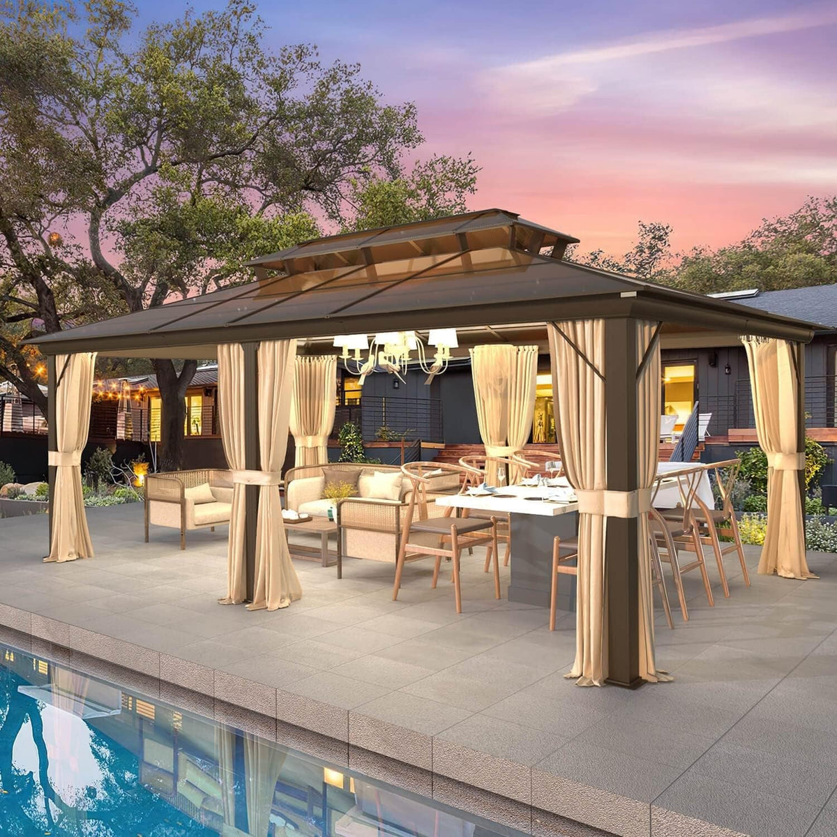 EROMMY Pavillon mit festem Dach, Pergola für den Außenbereich mit Doppeldach, Moskitonetz und Vorhängen, strapazierfähiges Sonnendach für Terrasse, Garten und Poolpartys