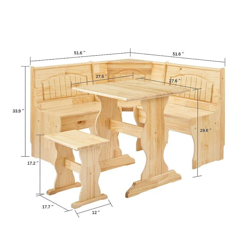 MUSEHOMEINC Frühstücksecke im traditionellen Stil, 3-teiliges Essgruppen-Set aus Massivholz mit Seitenbank und Esstisch mit verstecktem Stauraum