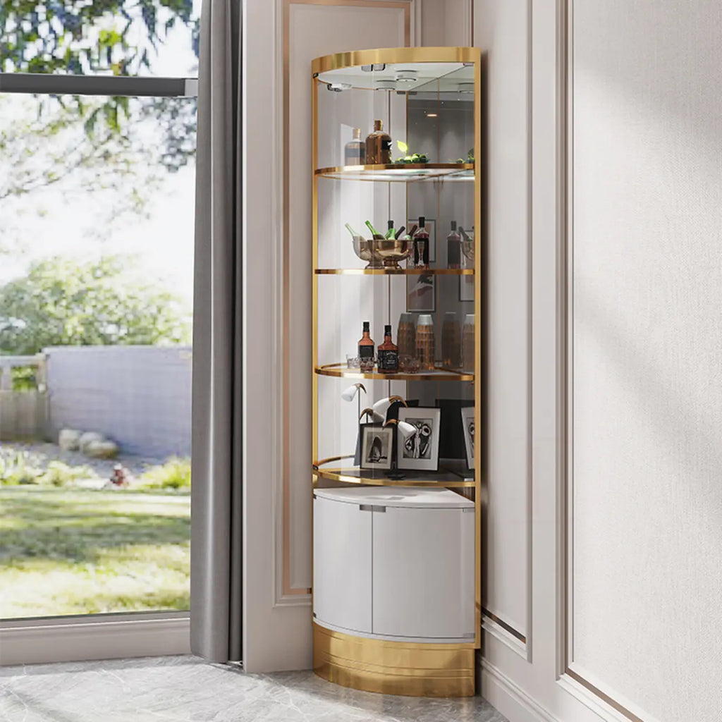 Meuble d’angle à plusieurs niveaux avec étagères en verre et métal, pour rangement, présentation et bouteilles de vin