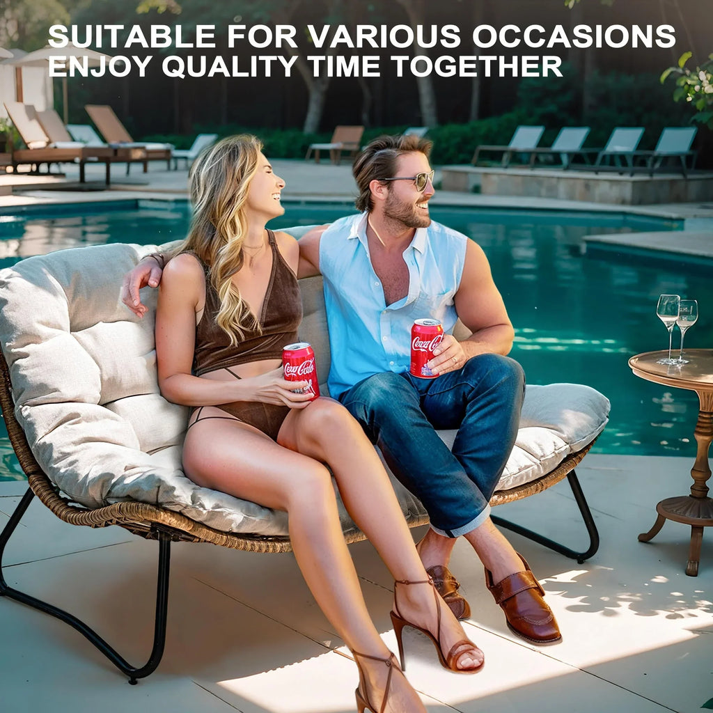 Doppel-Papasan-Sofa mit Sitzkissen, wetterfestes PE-Rattan und Metallgestell für Innen- und Außenbereich