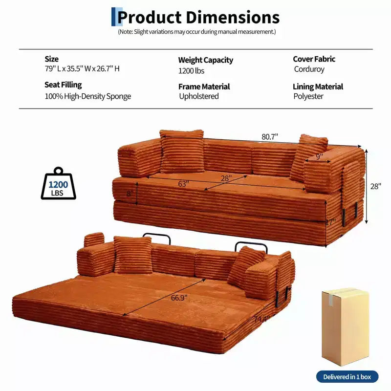 80.7 5-in-1-Schlafsofa mit Cordbezug, 1200 lbs, keine Montage erforderlich