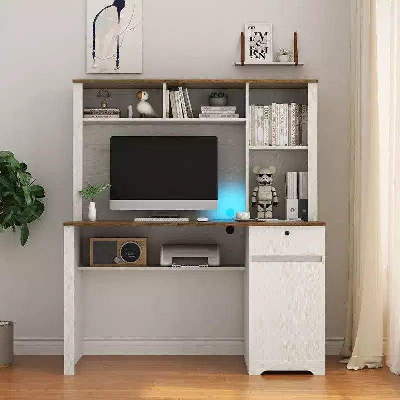 Moderner Computertisch mit Aufsatz und Bücherregal, 51.18IN, Bürotisch mit viel Stauraum, Schreibtisch für Arbeitszimmer und Leseraum