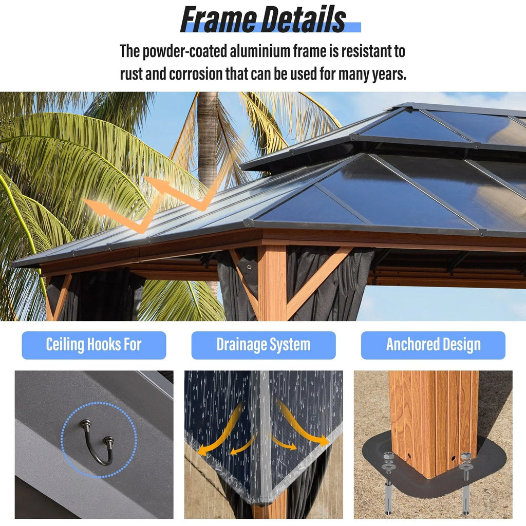 EROMMY Pavillon mit festem Dach, Pergola für den Außenbereich mit Doppeldach, Moskitonetz und Vorhängen, strapazierfähiges Sonnendach für Terrasse, Garten und Poolpartys