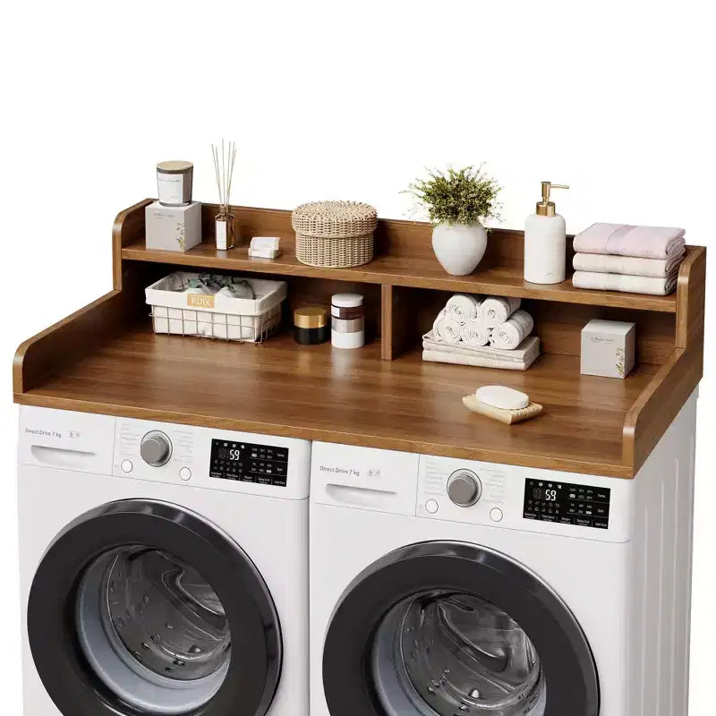 Houten blad voor wasmachine en droger, wasblad van 54 met opbergplank met 2 niveaus, antislip werkblad met opstaande randen voor een georganiseerde wasruimte