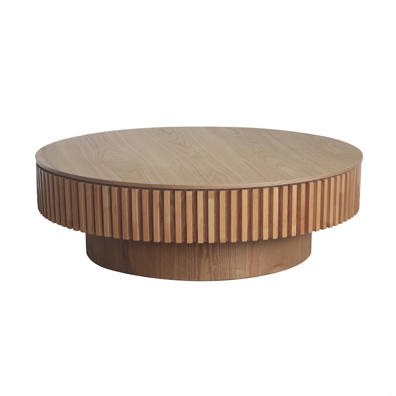 Table basse ronde moderne en bois massif plaqué, avec rangement