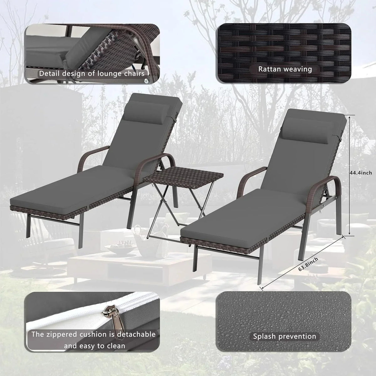 Kullavik 3-teiliges Outdoor-Lounge-Set mit Liegestühlen