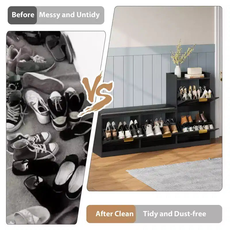 Szafka na buty w stylu wiejskim z ławką, 4 uchylne szuflady, organizer do przechowywania butów w przedpokoju z wygodnym, tapicerowanym siedziskiem, wolnostojąca ławka z półką na buty