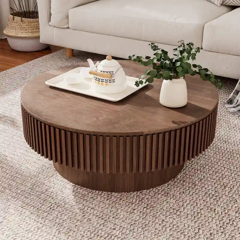 Table basse ronde moderne en bois massif plaqué, avec rangement