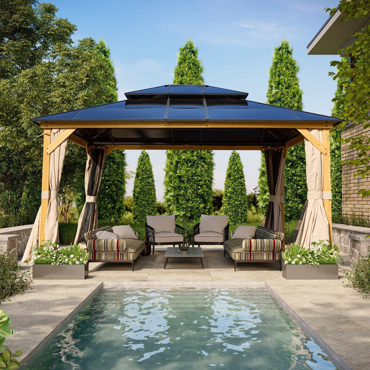 EROMMY Pavillon mit festem Dach, Pergola für den Außenbereich mit Doppeldach, Moskitonetz und Vorhängen, strapazierfähiges Sonnendach für Terrasse, Garten und Poolpartys