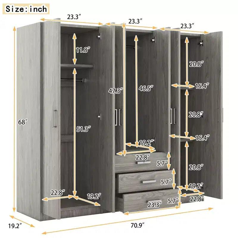 Kleiderschrank aus Holz mit 6 Türen und Schubladen fürs Schlafzimmer