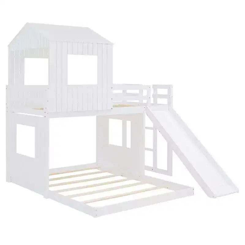 Luxystar houten stapelbed voor een eenpersoonsbed boven een tweepersoonsbed, met speelhuisje, glijbaan en veiligheidsleuningen