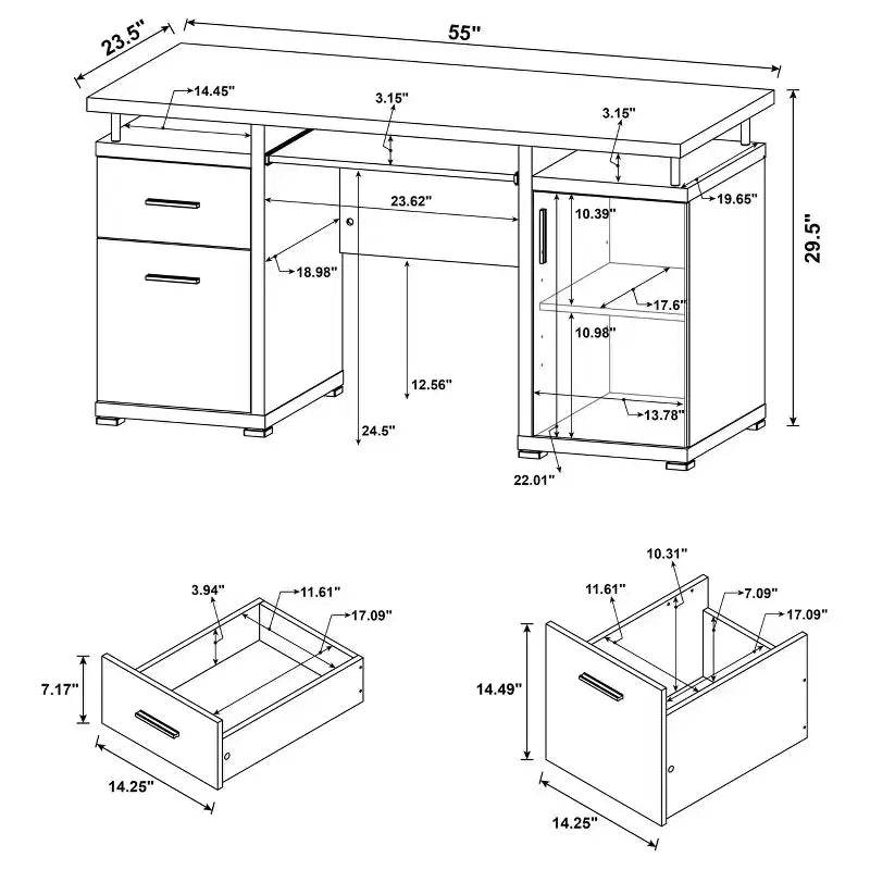 TUYOHW houten bureau van 55, computerbureau met 2 laden, 1 kast, 1 open plank en 1 deur, werkbureau voor thuiskantoor, studeerkamer en kleine ruimtes