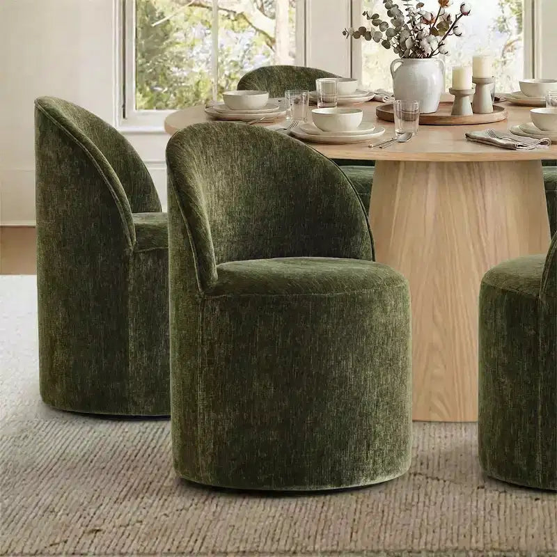 Ensemble de salle à manger moderne pour 6 personnes, table ronde à piètement central, fauteuils pivotants en forme de tonneau à roulettes, chenille texturée - Panipeachy