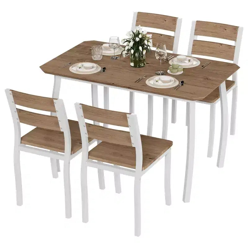 5-delige keukentafelset met metalen frame en stoelen, met afgeschuind ontwerp