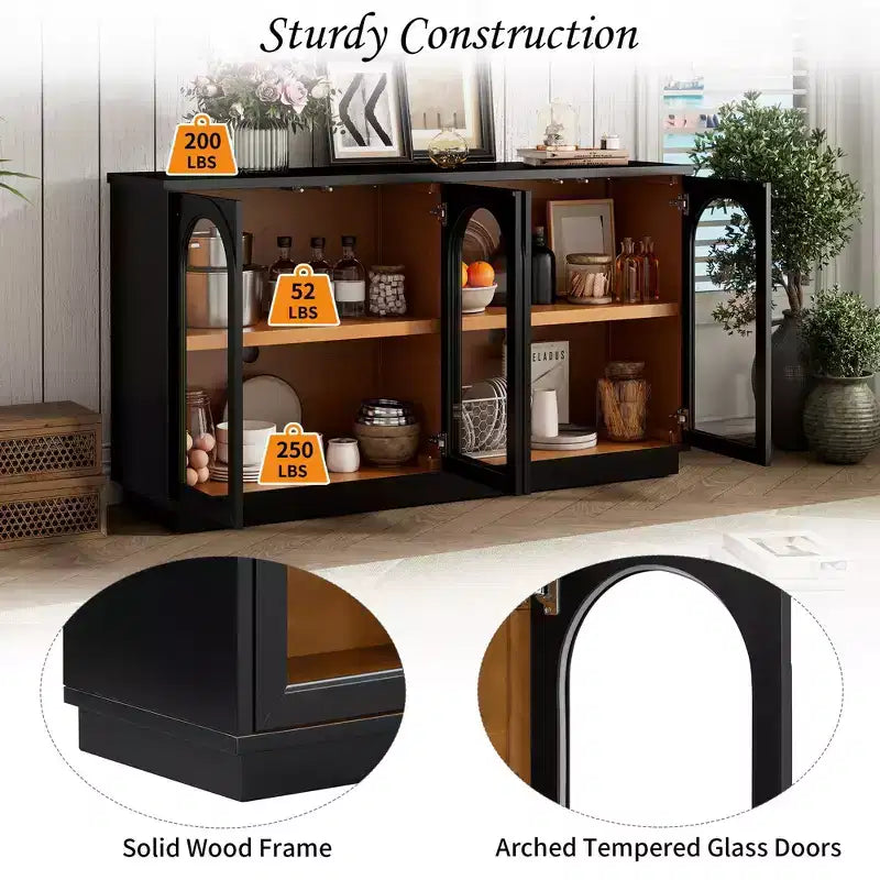 Grand buffet de rangement à 4 portes vitrées, armoire cintrée avec étagères réglables pour la cuisine
