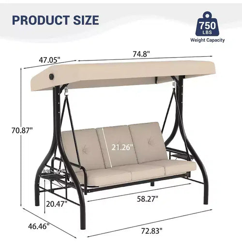 Balancelle extérieure convertible 2-en-1 pour 3 personnes avec auvent réglable, lit balancelle de patio avec support, coussins épais et porte-gobelets, pour cour, jardin et véranda