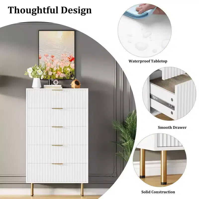 Commode blanche / marbre et bois à 5 tiroirs ?C panneau cannelé, pour 1 personne