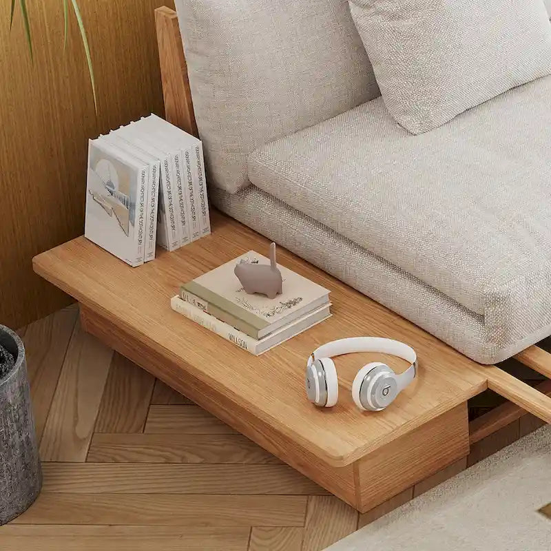 Nowoczesna sofa JASIWAY z litego drewna, tapicerowana bawełnianą tkaniną lnianą