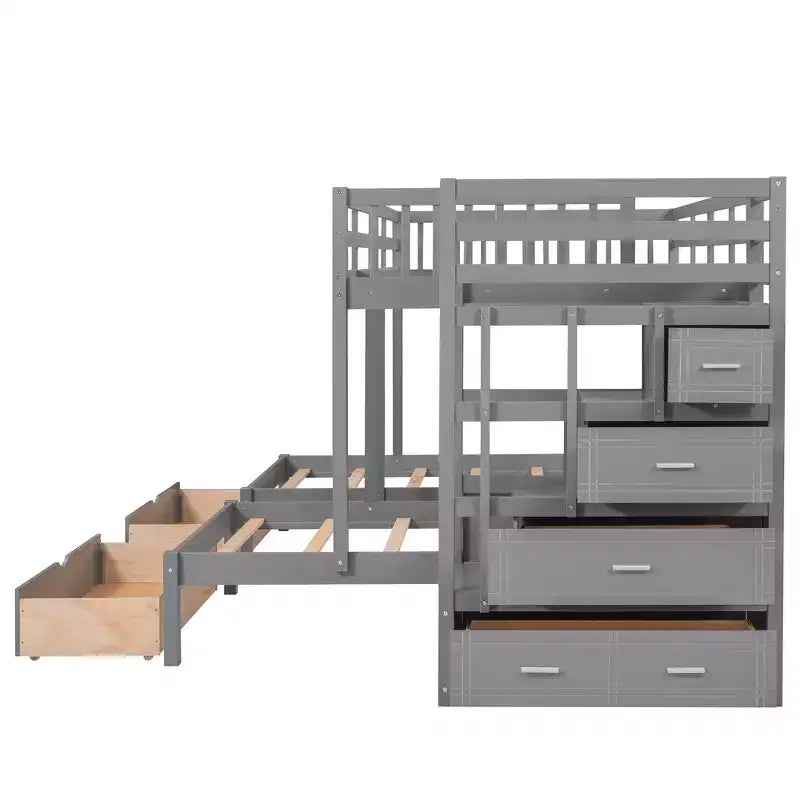 Whisen stapelbed met een twijfelaar boven een eenpersoonsbed en een extra eenpersoonsbed, houten driedubbel stapelbed met laden en valbeveiliging
