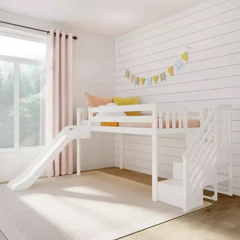 Kinder-Hochbett, niedrig, für Einzelmatratze, mit Rutsche und Treppe, Massivholz, 14 Schutzgittern, Tragkraft 400 lb