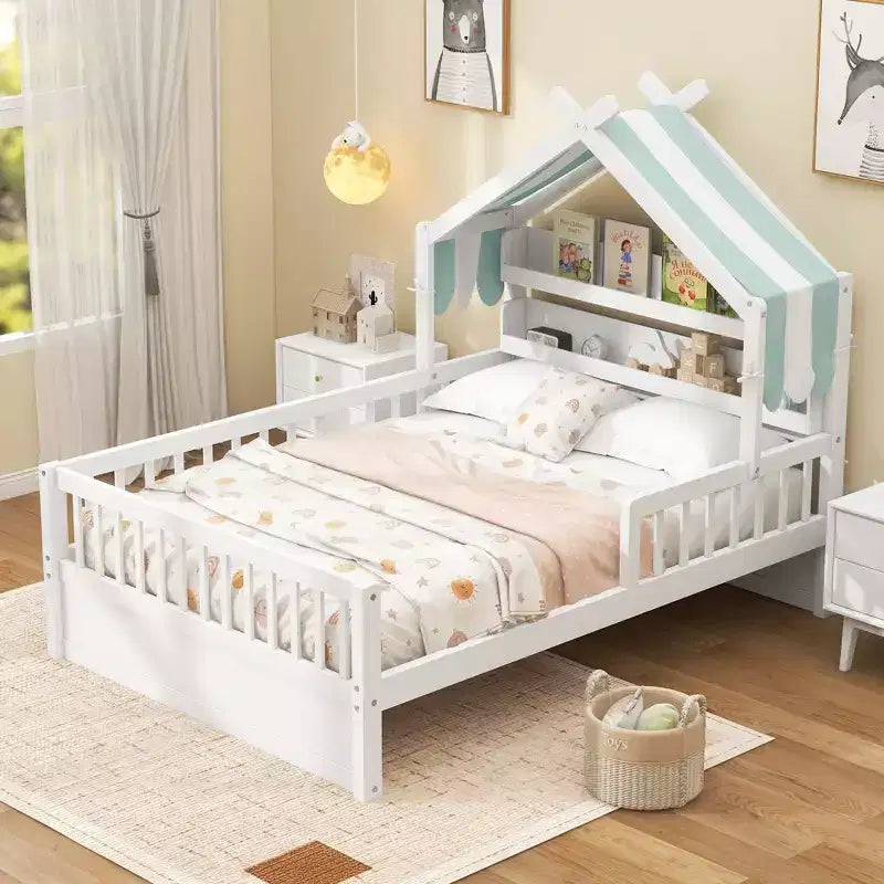 ModernLuxe Holzhüttenbett in Twin-/Full-Größe mit Stauraum-Kopfteil, Kinderbettgestell aus massivem Kiefernholz mit Schutzgittern