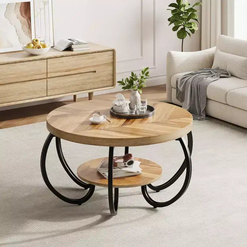 Table basse industrielle ronde de 30 pouces à 2 niveaux avec pieds réglables, étagère à effet bois, motif flamme, montage facile, salon