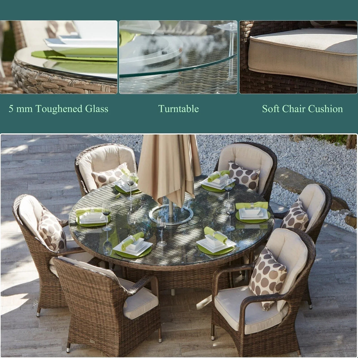 Ensemble de salle à manger rond de patio en rotin tressé d’extérieur, 7 pièces avec coussins, par Moda Furnishings