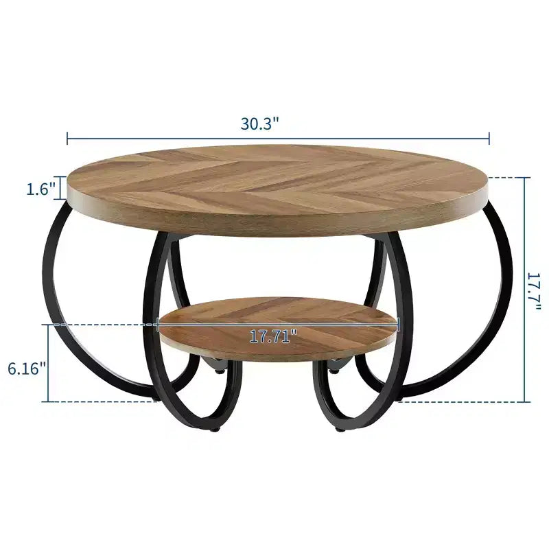 Table basse industrielle ronde de 30 pouces à 2 niveaux avec pieds réglables, étagère à effet bois, motif flamme, montage facile, salon